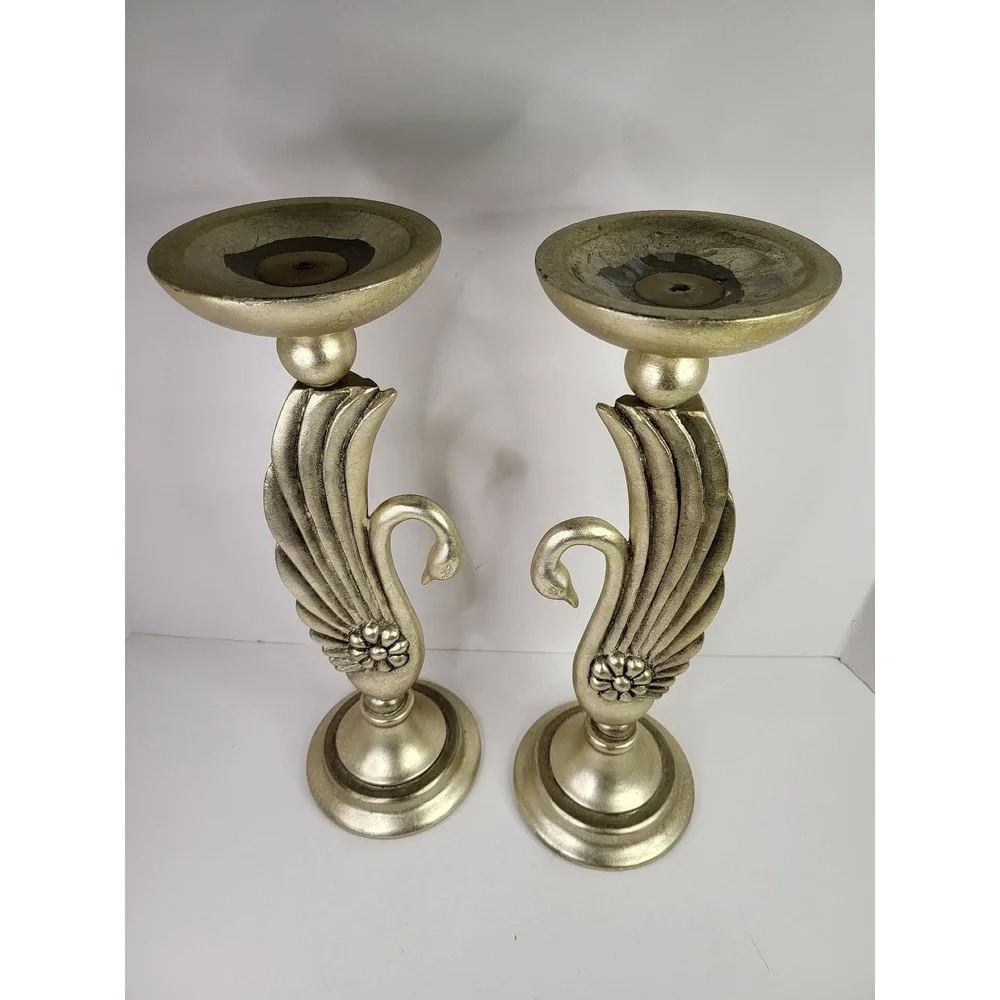 Vintage 1980s Art Deco Gold Swan Pillar Candle Holders - Hollywood Regency 15.5
